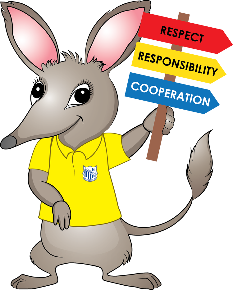 This illustration shows the school mascot who is a bilby. The bilby is holding a sign with the school values of respect, responsibility and cooperation.