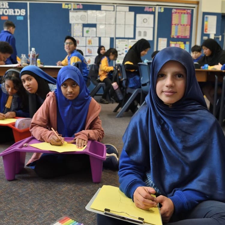 Four girls are sitting crossed legged on the carpet. They are completing work.